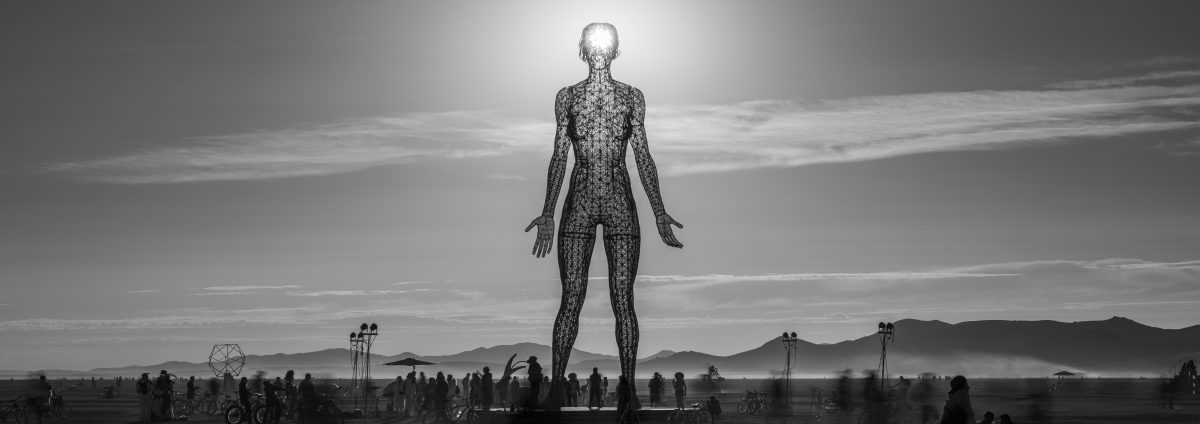 R-Evolution from: San Francisco, CA year: 2015  Constructed of steel rod and balls and covered in stainless steel mesh, with LED lighting effects, R-Evolution is a 48 foot tall sculpture of a woman, Deja Solis, standing firmly with both feet on the ground, eyes closed, arms open at her sides, pal...