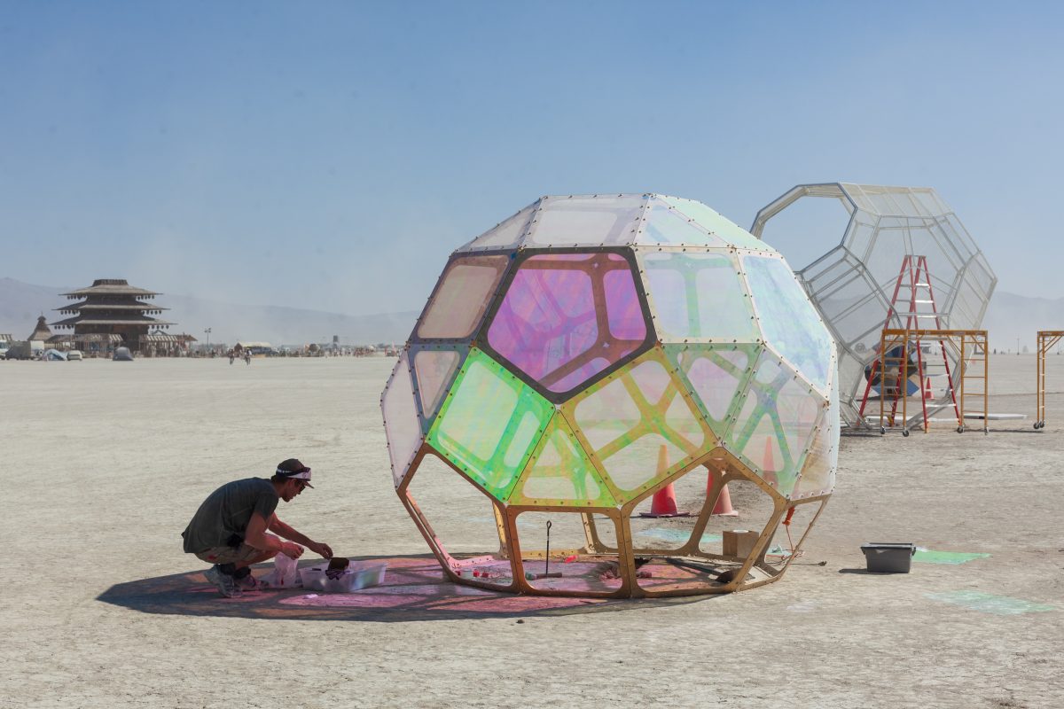 HYBYCOZO - Heart of Gold from: San Francisco, CA year: 2016  Sculpture 1- The Improbability Drive will consist of an all-pipe skeletal frame connecting into a mirrored hypercube shape made of mirror. The inside shape, a rhombic dodecahedron, has an optical illusion that looks like 3 different sha...