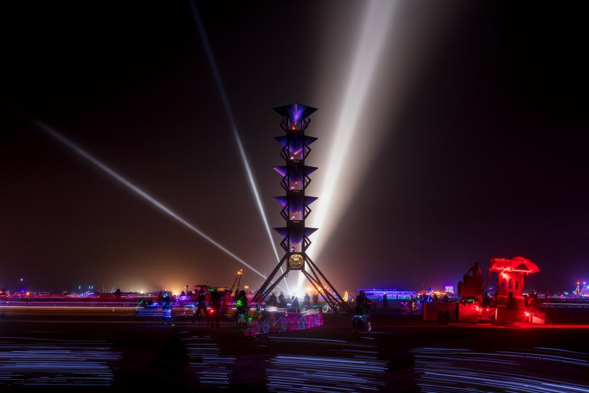 Spire of Fire from: Reno, NV year: 2016  The Spire of Fire is a work of fire art that stands grand and high on the expanse of the open landscape much like a skyscraper in a metropolis. The tower's height, geometry, metal textures are designed to reflect the evolution of modern metropolitan archit...