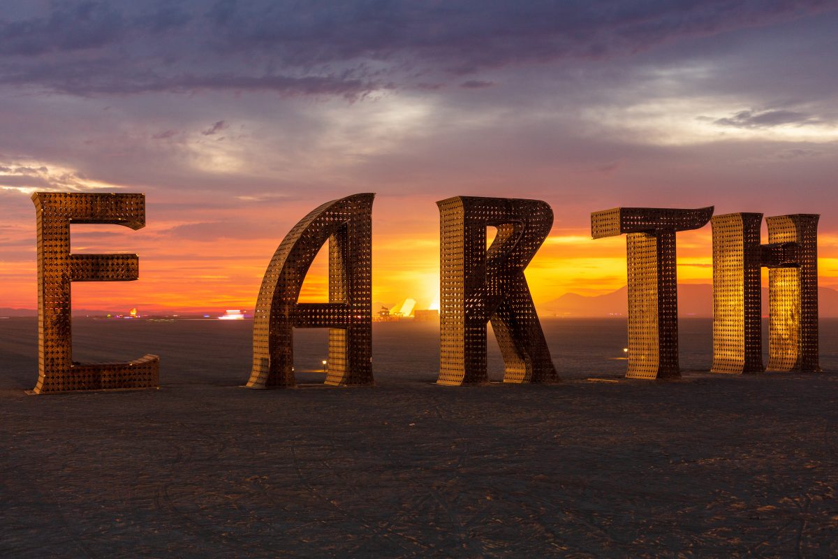 @EARTH #HOME from: Fairfax, CA year: 2016  @Earth#Home is Laura and Jeff's eighth installation slated for Black Rock City. Built of steel and lit with LEDs and fire, @Earth#Home is a love letter (no pun intended) to Burning Man participants, reminding them that to come to Black Rock City is in es...
