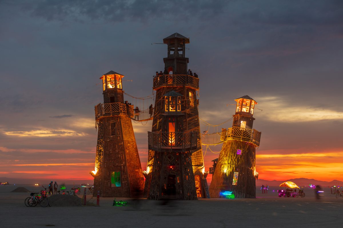 The Black Rock Lighthouse Service from: Oakland, CA year: 2016  A crystal like cluster of Lighthouses ranging from 6 to 60 foot tall and some leaning as much as 20 degrees. Inspired by the juxtaposition of creating a destination of fun and shelter by something that is meant to warn you of danger....