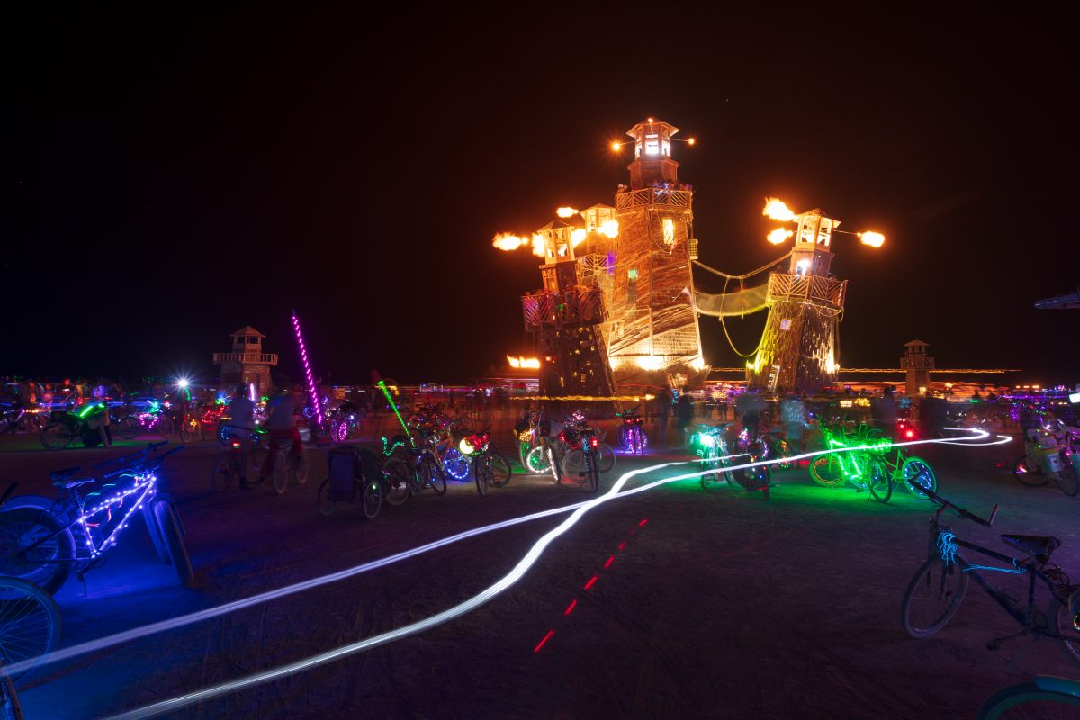 The Black Rock Lighthouse Service from: Oakland, CA year: 2016  A crystal like cluster of Lighthouses ranging from 6 to 60 foot tall and some leaning as much as 20 degrees. Inspired by the juxtaposition of creating a destination of fun and shelter by something that is meant to warn you of danger....