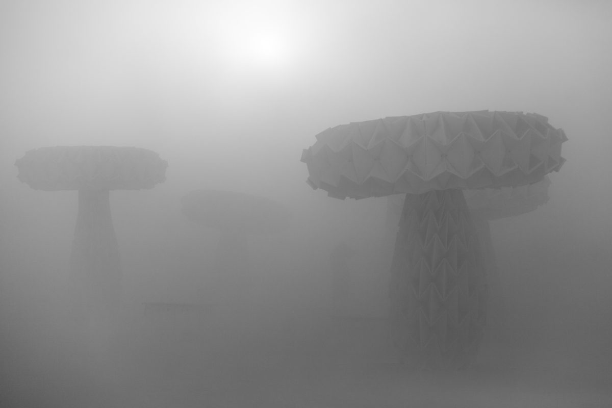 Shrumen Lumen from: San Francisco, CA year: 2016  Shrumen Lumen is a garden of oversized mushrooms, made of folded geometry that allows their bodies to undulate in various patterns. Building off a similar aesthetic and folding strategy as Blumen Lumen, a garden of flowers on the Playa in 2014, th...