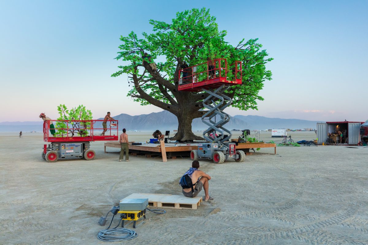 Tree of Ténéré Build by: Alexander Green, Zachary Smith, and Patrick Deegan from: San Francisco, CA year: 2017  An enormous lifelike tree, Ténéré offers shade to wanderers, adventure to climbers, and transcendent community to those gathered beneath its 15,000 LED leaves. Like its namesake - consi...