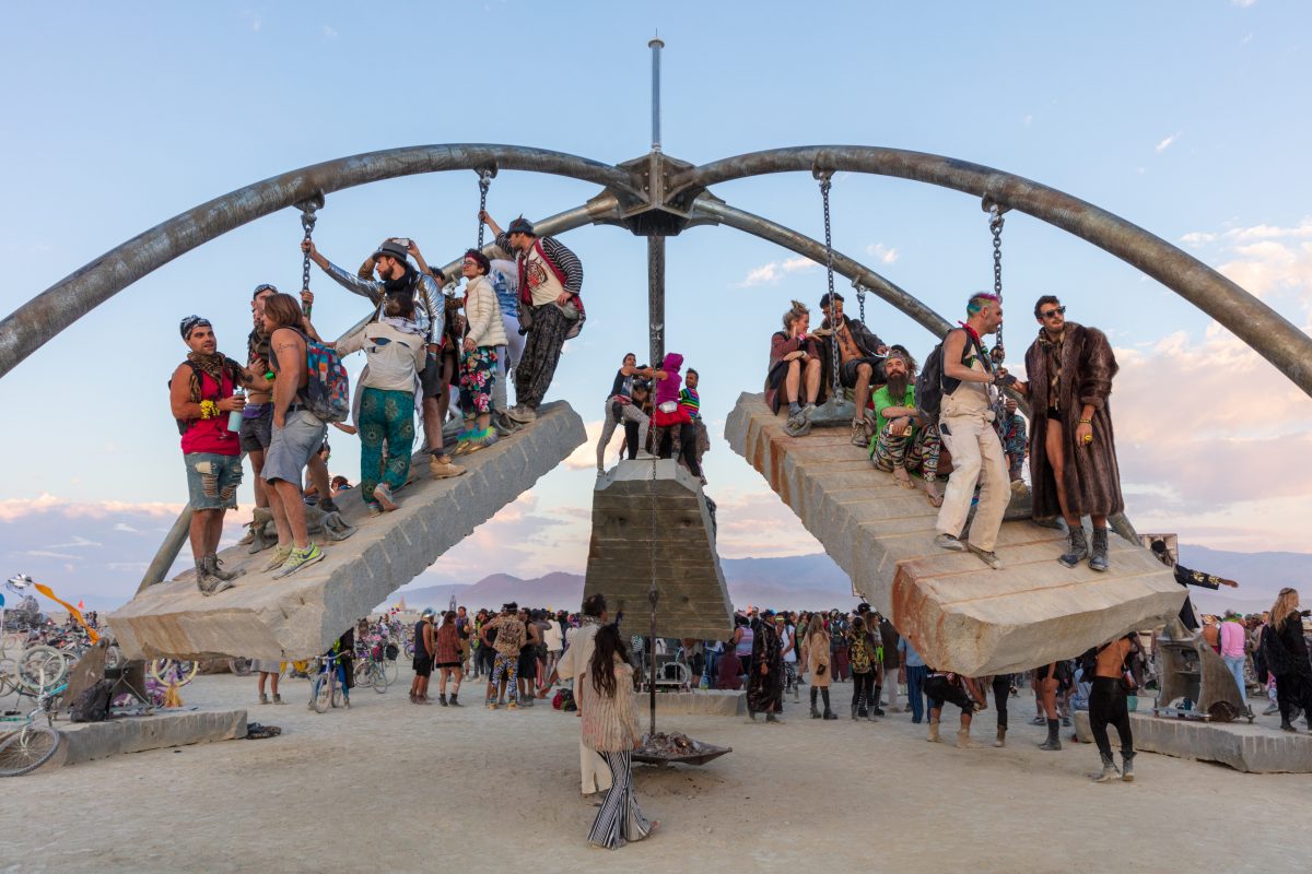 Temple of Gravity by: Zachary Coffin from: Alameda, CA year: 2017  Gravity is a central component of all of Zachary Coffin's massive, larger-than-life interactive kinetic sculptures and the only force that he believes he can truly have faith in. In 2003, Zachary Coffin built the Temple of Gravity...