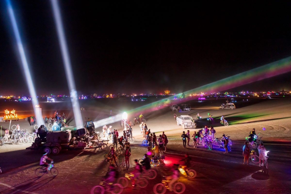 Project flashlight is the joy of light at grand scale. Pure, incredibly bright white beams like fingers of god in the dust, contrasts with the night sky, scale across the open playa, interplay of beams, light in motion. Military and NASA billion-candlepower searchlights, reanimated for art! Inter...