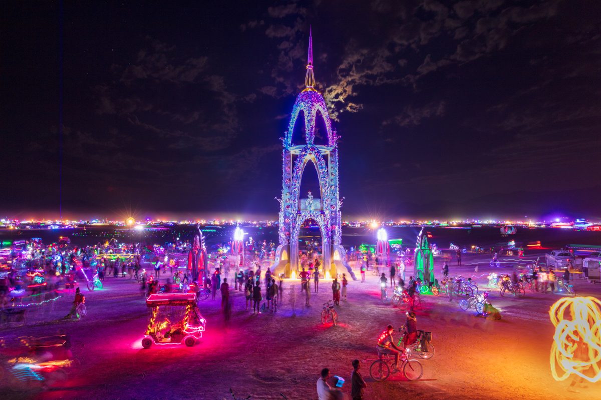 The Flower Tower by: Kevin Clark, Reared In Steel from: Petaluma, CA year: 2017  The Flower Tower is a 70 foot tall metal structure ornately decorated by thousands of painted metal flowers, some of which will blow fire. Contact: flowertower@rearedinsteel.com