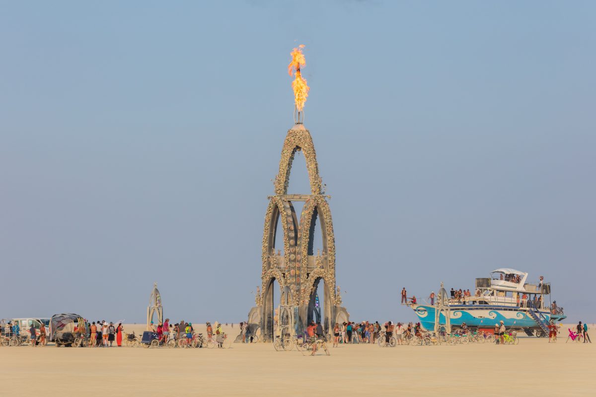 The Flower Tower by: Kevin Clark, Reared In Steel from: Petaluma, CA year: 2017  The Flower Tower is a 70 foot tall metal structure ornately decorated by thousands of painted metal flowers, some of which will blow fire. Contact: flowertower@rearedinsteel.com