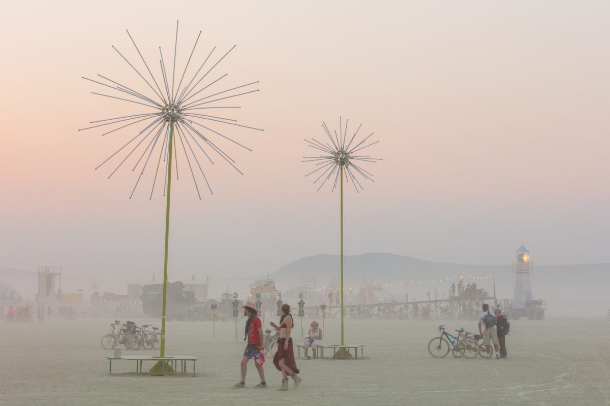Electric Dandelions by: Abram Santa Cruz/Liquid PXL from: Los Angeles, CA year: 2017  Electric Dandelions will consist of 3 giant dandelions (27 ft tall) that double as fireworks at night. Each dandelion bulb is 8-16ft in diameter. The project also has 3 leaf-shaped seats around each dandelion ba...