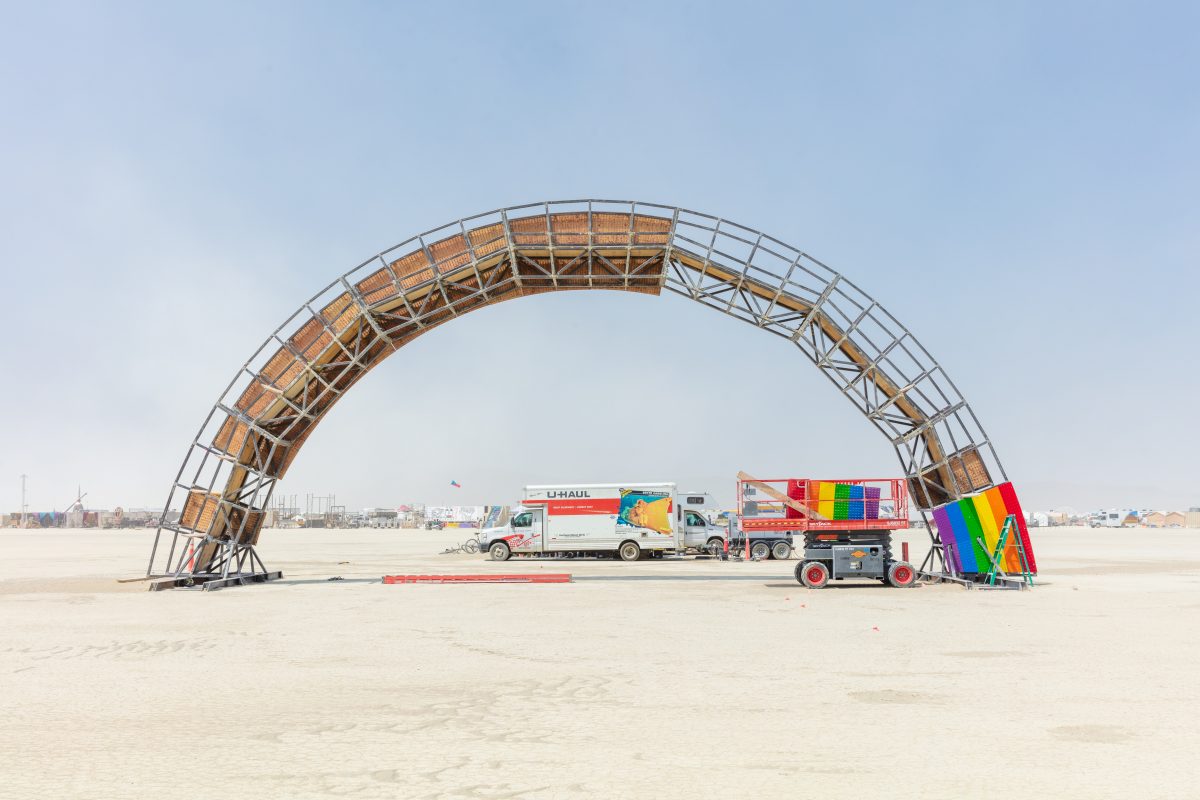 Rainbow Bridge build by: Josh Zubkoff from: San Francisco, CA year: 2018  Debuting at Burning Man 2018, The Rainbow Bridge is a 100′ long walkable rainbow bridge that will rise from the morning mist and dazzle with LEDs at night. A great place for a contemplative walk, romantic stroll, to meet fr...