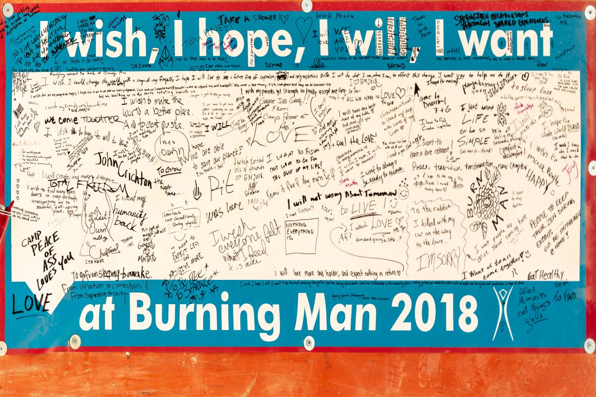 I wish, I hope, I will, I want at Burning Man 2018 sign.