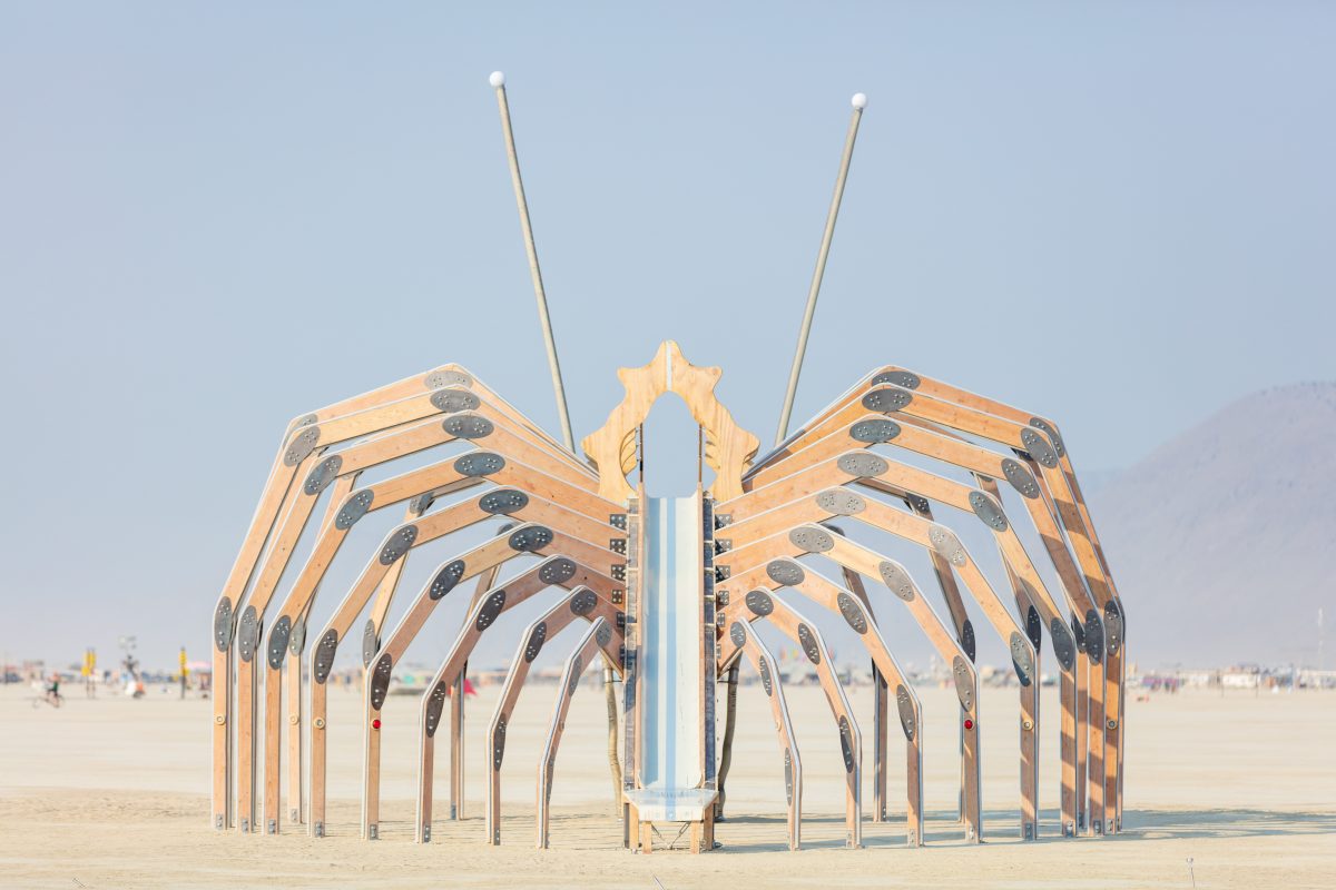 Chilopod by: Lawrence Grown, Embrio LLC from: Berkeley, CA year: 2018  The Chilopod [ky-lo-pod] is an interactive insect-like structure, an example of a "building-as-living-organism." Daytime: Participants can climb the spine ladder, and slide down to the tail. An internal soundscape co...
