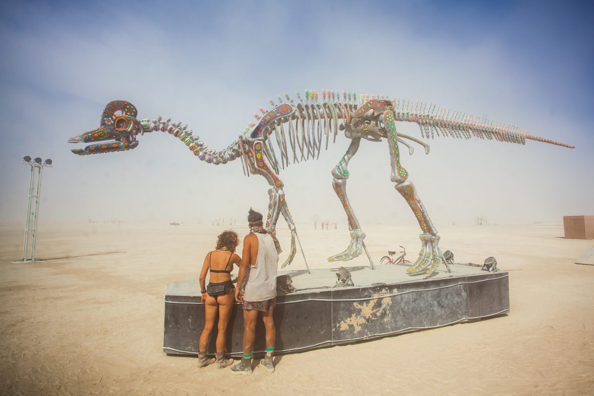 ICHIRO Sacred Beings by: Marianela Fuentes, Arturo Gonzalez and Sarahi Carrillo from: Mexico City, Mexico year: 2018  The exact replica skeleton of the Velafrons Coahuilensis, a dinosaur from the Cretaceous period, 72 million years ago. The dinosaur will be decorated in the art of the Huichol, an...