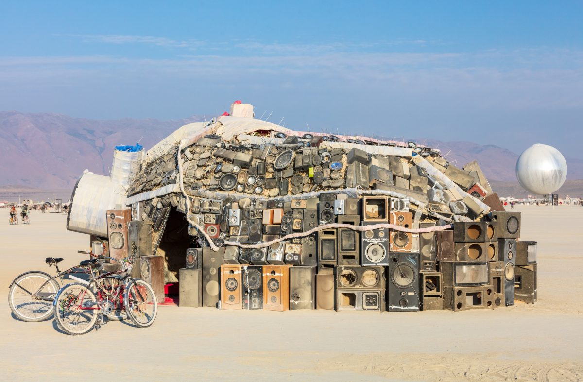 Listen by: Aaron Fowler & Erin Desmond from: Los Angeles, CA year: 2018  "Listen" is a large scale human heart made from used speakers on the exterior and lined with mirror mosaic on the interior. Participants are invited to enter the reflecting inner heart space where they will fin...