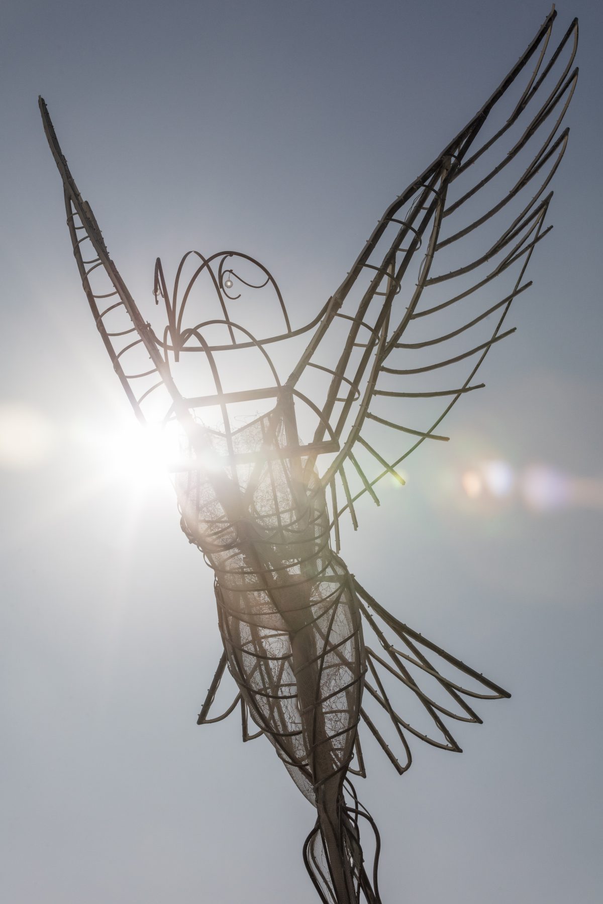 Taking Flight by: Nicki Adani from: Mill Valley, CA year: 2019  Nicki Adani's "Taking Flight" emboldens visitors to be who they truly are, inspiring them to leave behind what is holding them back. A 10-foot tall feminine bird-like figure, welded from raw steel rods and tubes, her wings ...