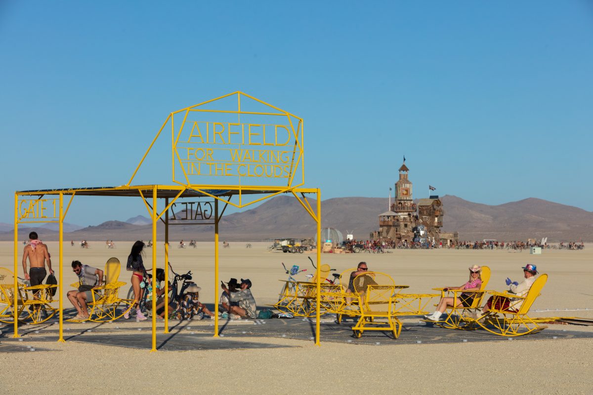 Airfield for walking in the clouds by: Weld Queen from: Moscow, Russia year: 2019  "Airfield for walking in the clouds" is a model of a fantasy airfield with ten dream-liners "Armchairs for walking in the clouds." The project is a large-scale interactive installation where peo...
