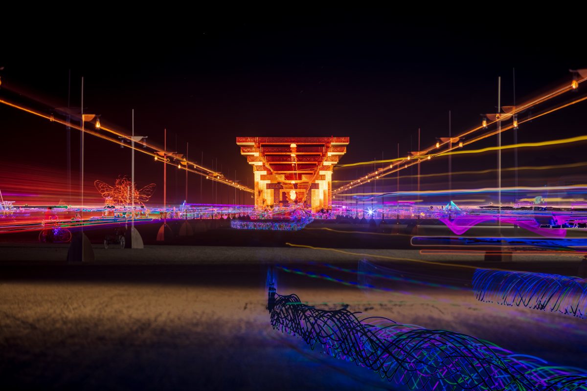 The Temple of Direction by: Geordie Van Der Bosch from: San Francisco, CA year: 2019  The Temple of Direction is organized linearly. It recreates a restricted passage which expands in the center into a large hall. This is a response to the openness of the playa; it creates a space traveled end to...