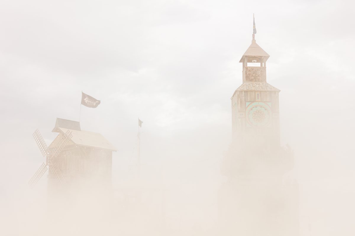The Folly in the dust by: Dave Keane & The Folly Builders from: San Francisco, CA year: 2019 The Folly represents an imaginary shantytown of funky climbable towers and old western storefronts, cobbled together from salvaged and reclaimed lumber from original San Francisco Victorians to be reb...