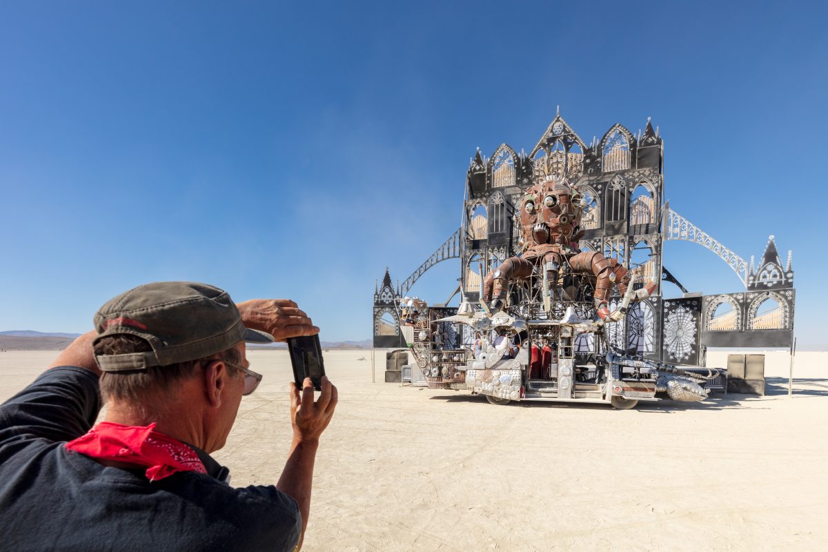 Duane captures his mutant vehicle Rabid Transit at Reared In Steel's Fire Kethedral by: Reared In Steel from: Petaluma, CA year: 2019  The Fire Kethedral will resemble a cathedral organ as a colossal fire instrument - a shrine to fire. The structure will be fabricated from steel tubing and CNC cu...