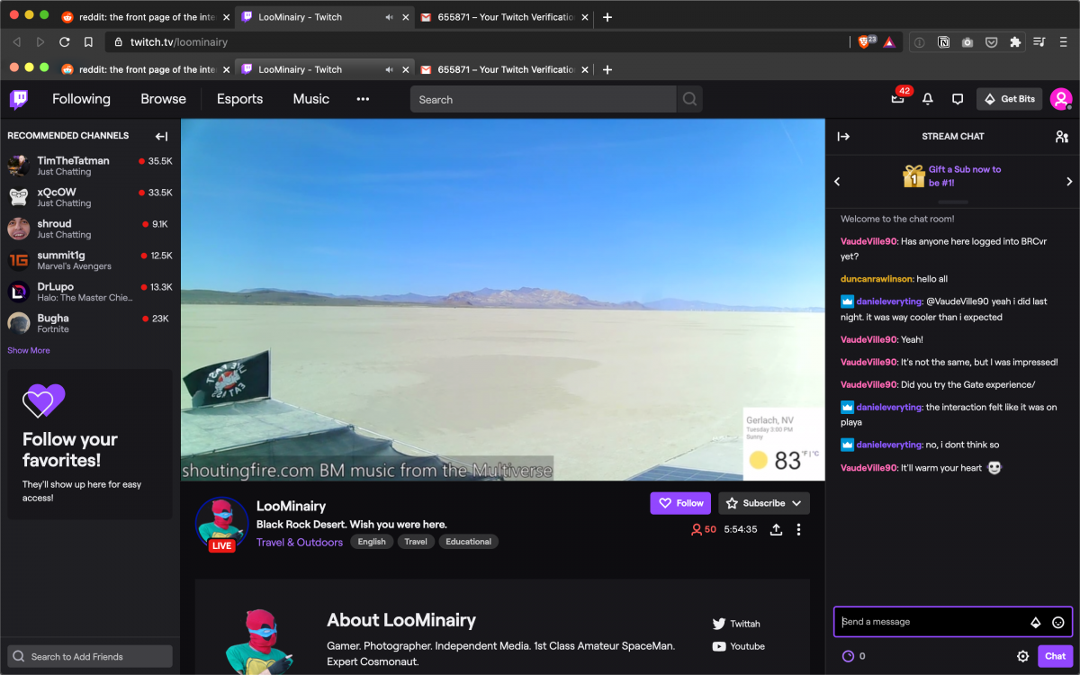 Screenshot of Loominairy's Live Stream from Playa https://www.twitch.tv/loominairy/