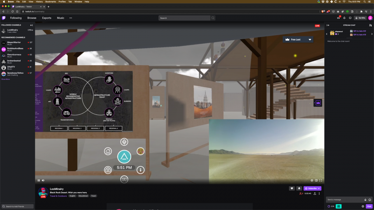Screenshots of the moment Twitch streamer LooMinairy achieved Burnception.  LooMinairy himself was live streaming from the playa in an RV using the cell phone tower and a cell booster. The video feed was then brought into BRCvr (drive-in style screen made of Porta-Potties in a dome) and LooMinair...