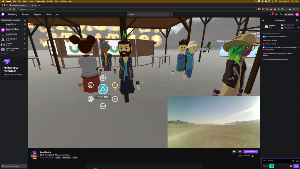Screenshots of the moment Twitch streamer LooMinairy achieved Burnception.  LooMinairy himself was live streaming from the playa in an RV using the cell phone tower and a cell booster. The video feed was then brought into BRCvr (drive-in style screen made of Porta-Potties in a dome) and LooMinair...