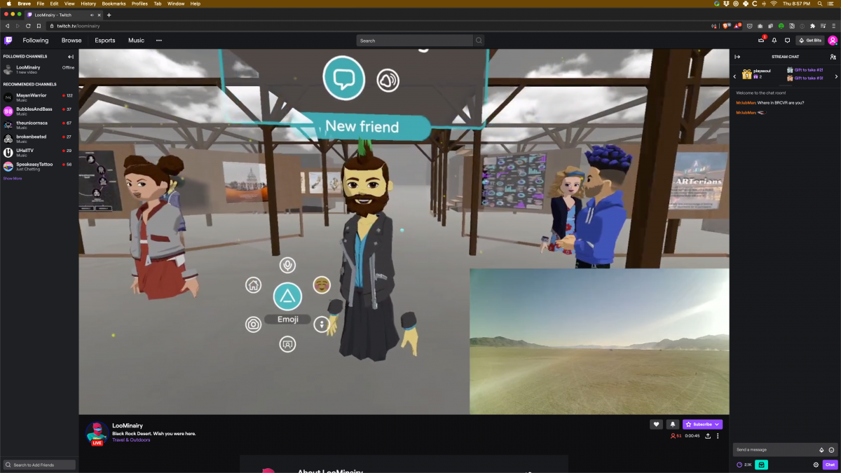Screenshots of the moment Twitch streamer LooMinairy achieved Burnception.  LooMinairy himself was live streaming from the playa in an RV using the cell phone tower and a cell booster. The video feed was then brought into BRCvr (drive-in style screen made of Porta-Potties in a dome) and LooMinair...