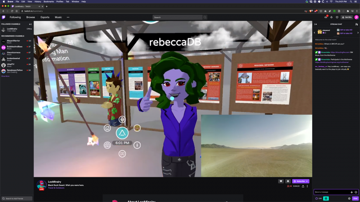 Screenshots of the moment Twitch streamer LooMinairy achieved Burnception.  LooMinairy himself was live streaming from the playa in an RV using the cell phone tower and a cell booster. The video feed was then brought into BRCvr (drive-in style screen made of Porta-Potties in a dome) and LooMinair...