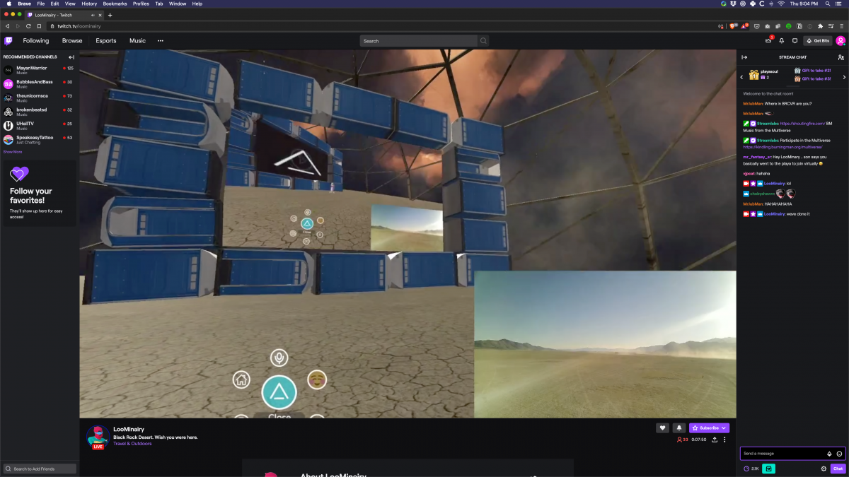 Screenshots of the moment Twitch streamer LooMinairy achieved Burnception.LooMinairy himself was live streaming from the playa in an RV using the cell phone tower and a cell booster. The video feed was then brought into BRCvr (drive-in style screen made of Porta-Potties in a dome) and LooMinairy ...