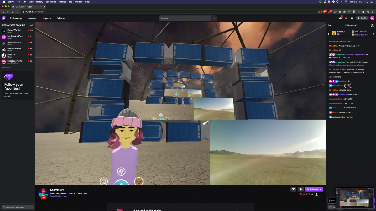 Screenshots of the moment Twitch streamer LooMinairy achieved Burnception.  LooMinairy himself was live streaming from the playa in an RV using the cell phone tower and a cell booster. The video feed was then brought into BRCvr (drive-in style screen made of Porta-Potties in a dome) and LooMinair...