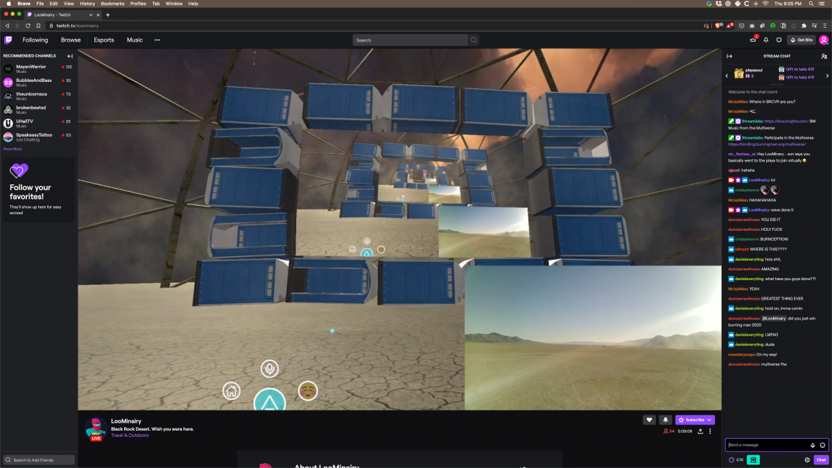 Screenshots of the moment Twitch streamer LooMinairy achieved Burnception.LooMinairy himself was live streaming from the playa in an RV using the cell phone tower and a cell booster. The video feed was then brought into BRCvr (drive-in style screen made of Porta-Potties in a dome) and LooMinairy ...