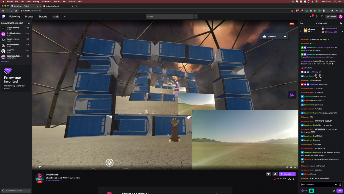 Screenshots of the moment Twitch streamer LooMinairy achieved Burnception.  LooMinairy himself was live streaming from the playa in an RV using the cell phone tower and a cell booster. The video feed was then brought into BRCvr (drive-in style screen made of Porta-Potties in a dome) and LooMinair...
