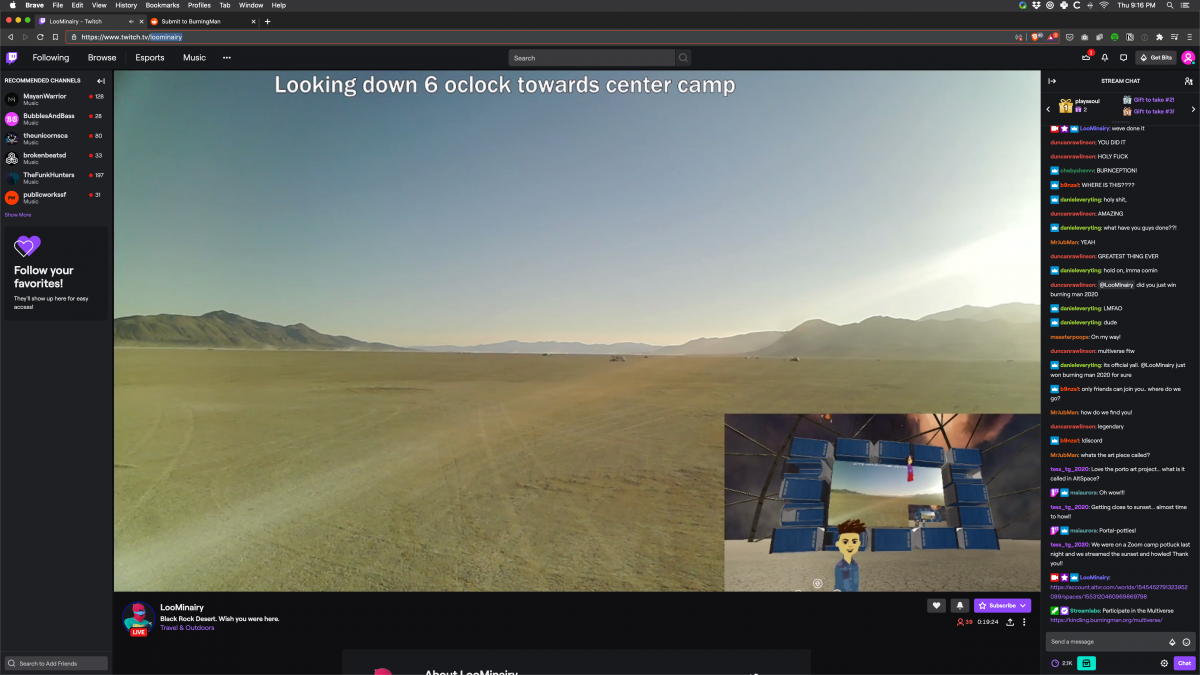 Screenshots of the moment Twitch streamer LooMinairy achieved Burnception.  LooMinairy himself was live streaming from the playa in an RV using the cell phone tower and a cell booster. The video feed was then brought into BRCvr (drive-in style screen made of Porta-Potties in a dome) and LooMinair...