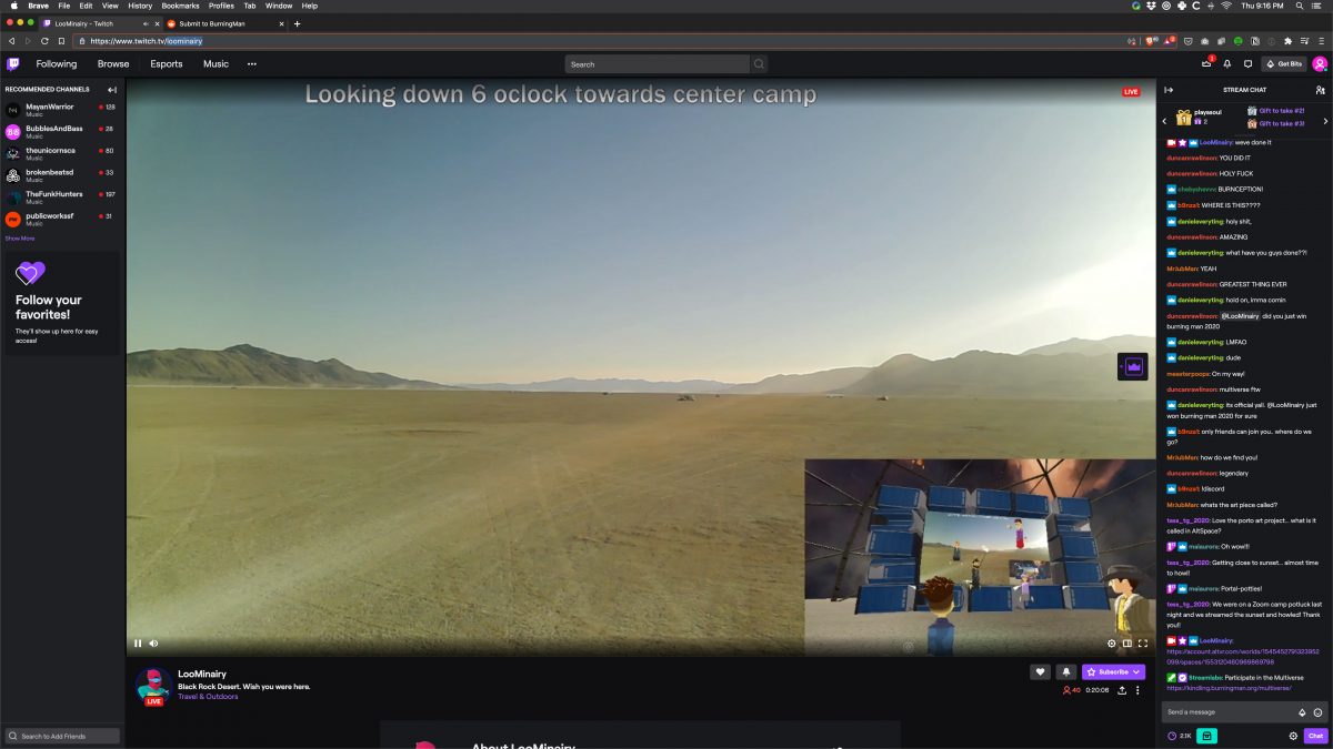 Screenshots of the moment Twitch streamer LooMinairy achieved Burnception.  LooMinairy himself was live streaming from the playa in an RV using the cell phone tower and a cell booster. The video feed was then brought into BRCvr (drive-in style screen made of Porta-Potties in a dome) and LooMinair...