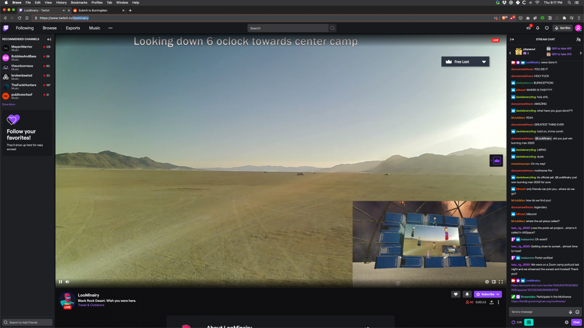 Screenshots of the moment Twitch streamer LooMinairy achieved Burnception.  LooMinairy himself was live streaming from the playa in an RV using the cell phone tower and a cell booster. The video feed was then brought into BRCvr (drive-in style screen made of Porta-Potties in a dome) and LooMinair...