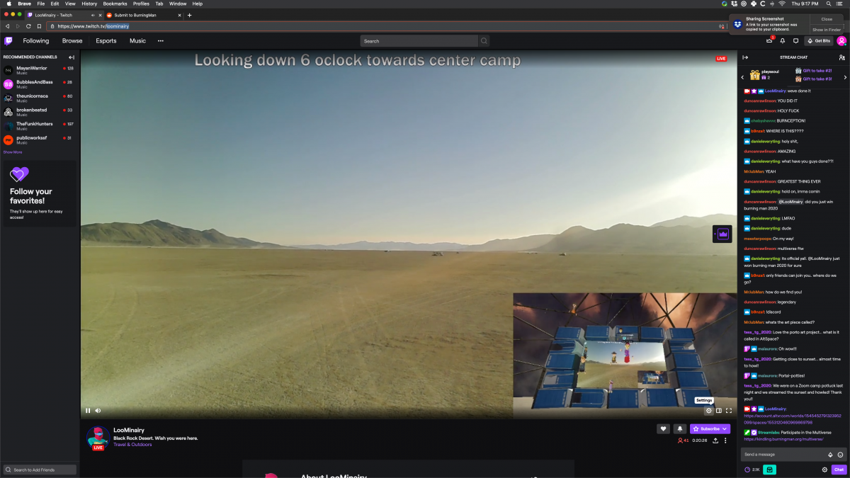 Screenshots of the moment Twitch streamer LooMinairy achieved Burnception.LooMinairy himself was live streaming from the playa in an RV using the cell phone tower and a cell booster. The video feed was then brought into BRCvr (drive-in style screen made of Porta-Potties in a dome) and LooMinairy ...