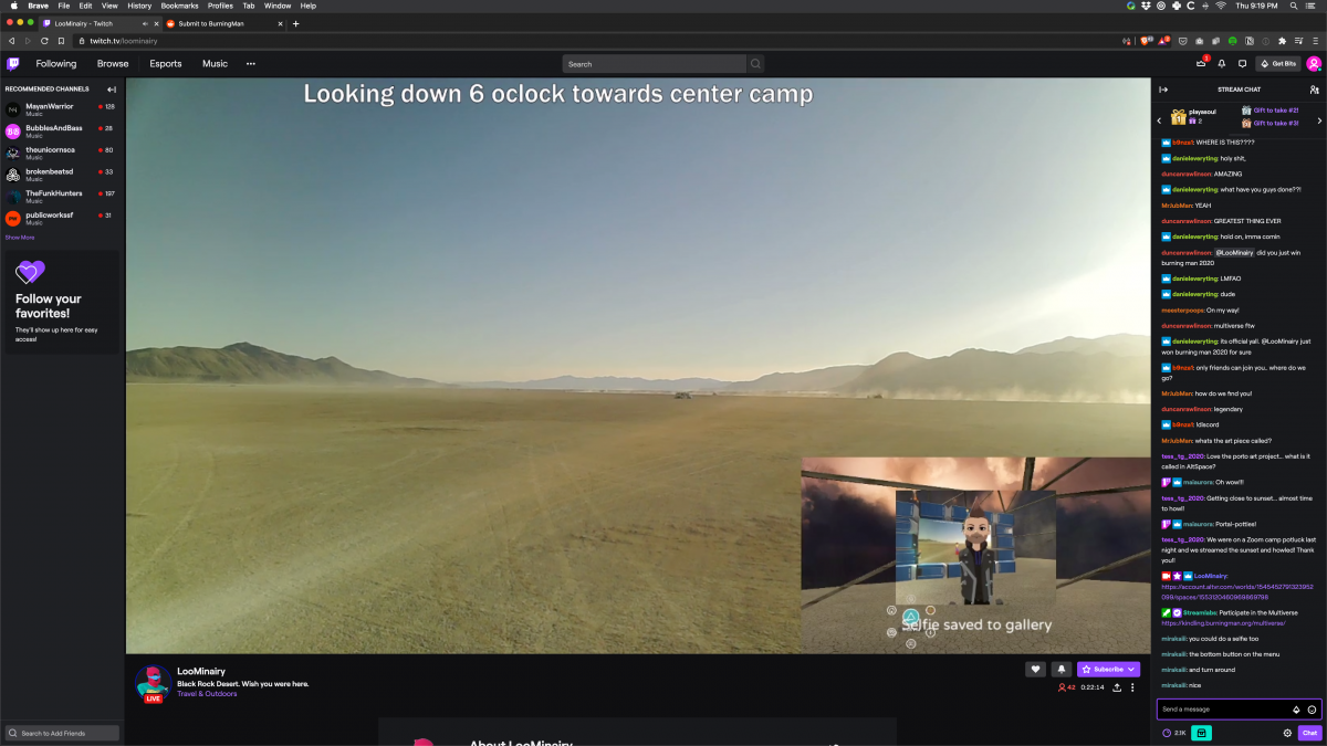 Screenshots of the moment Twitch streamer LooMinairy achieved Burnception.  LooMinairy himself was live streaming from the playa in an RV using the cell phone tower and a cell booster. The video feed was then brought into BRCvr (drive-in style screen made of Porta-Potties in a dome) and LooMinair...