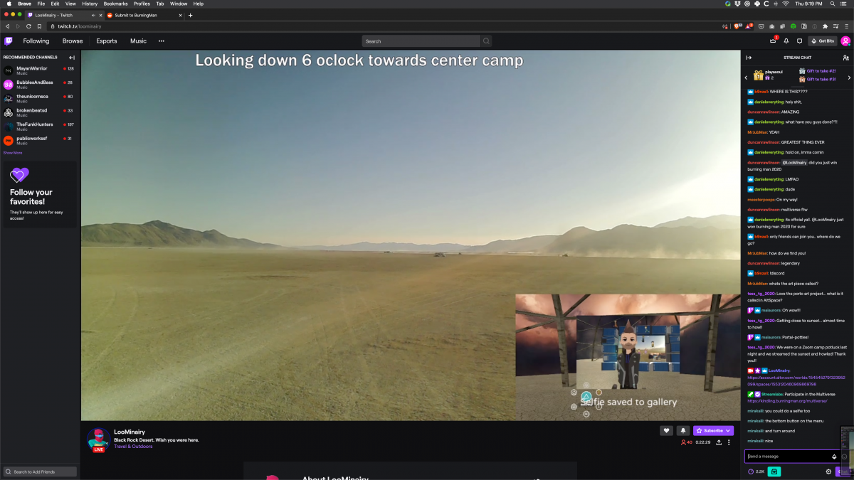Screenshots of the moment Twitch streamer LooMinairy achieved Burnception.LooMinairy himself was live streaming from the playa in an RV using the cell phone tower and a cell booster. The video feed was then brought into BRCvr (drive-in style screen made of Porta-Potties in a dome) and LooMinairy ...
