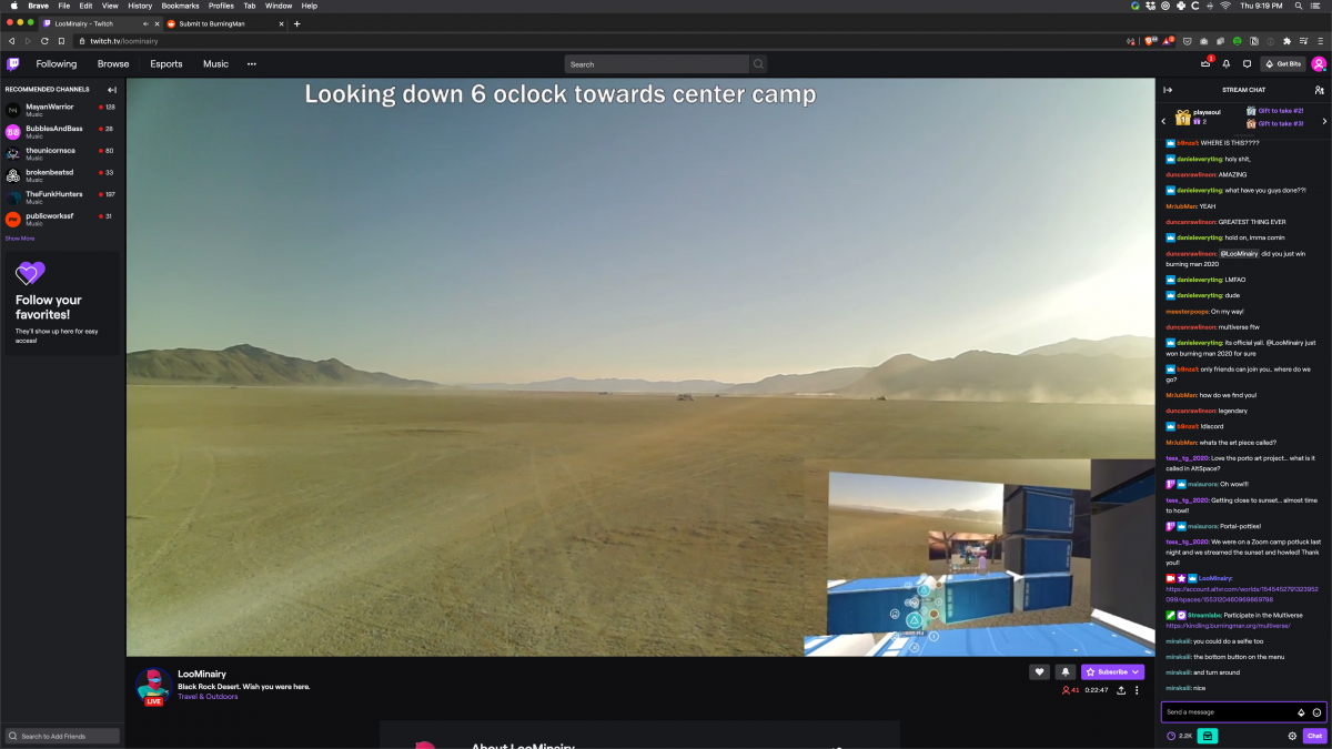 Screenshots of the moment Twitch streamer LooMinairy achieved Burnception.  LooMinairy himself was live streaming from the playa in an RV using the cell phone tower and a cell booster. The video feed was then brought into BRCvr (drive-in style screen made of Porta-Potties in a dome) and LooMinair...