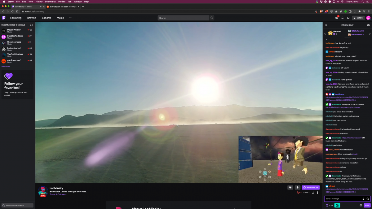 Screenshots of the moment Twitch streamer LooMinairy achieved Burnception.  LooMinairy himself was live streaming from the playa in an RV using the cell phone tower and a cell booster. The video feed was then brought into BRCvr (drive-in style screen made of Porta-Potties in a dome) and LooMinair...