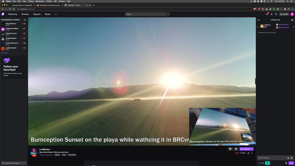Screenshots of the moment Twitch streamer LooMinairy achieved Burnception.  LooMinairy himself was live streaming from the playa in an RV using the cell phone tower and a cell booster. The video feed was then brought into BRCvr (drive-in style screen made of Porta-Potties in a dome) and LooMinair...