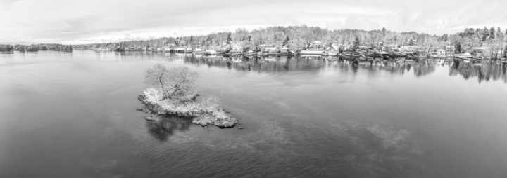Small Island and Cottages Black and White Panorama