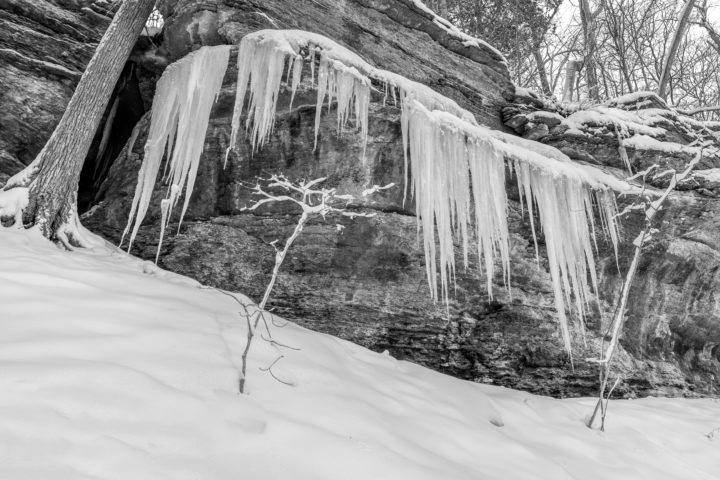 Icicles on Cliff Black and White