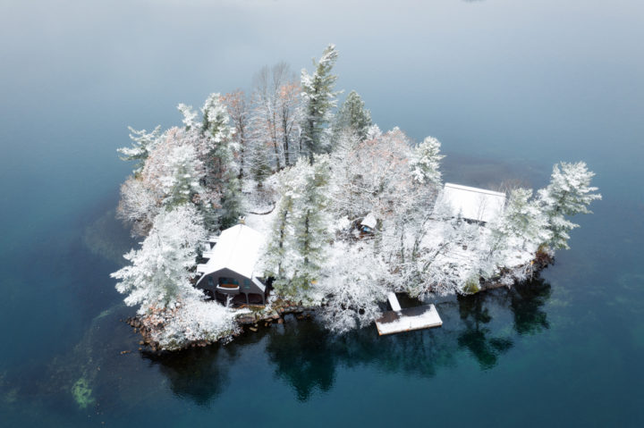 Cottage on Small Island and Fresh Snow