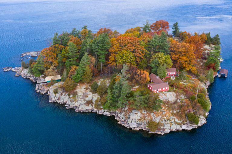 Island With Cottages and Rocky Shoreline