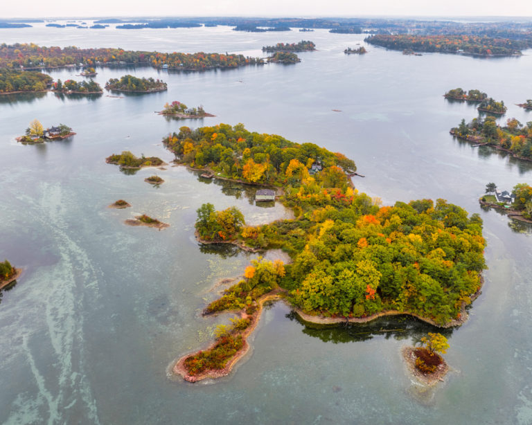 Thousand Islands Fall: Aerial View of Small Islands and Fall Color
