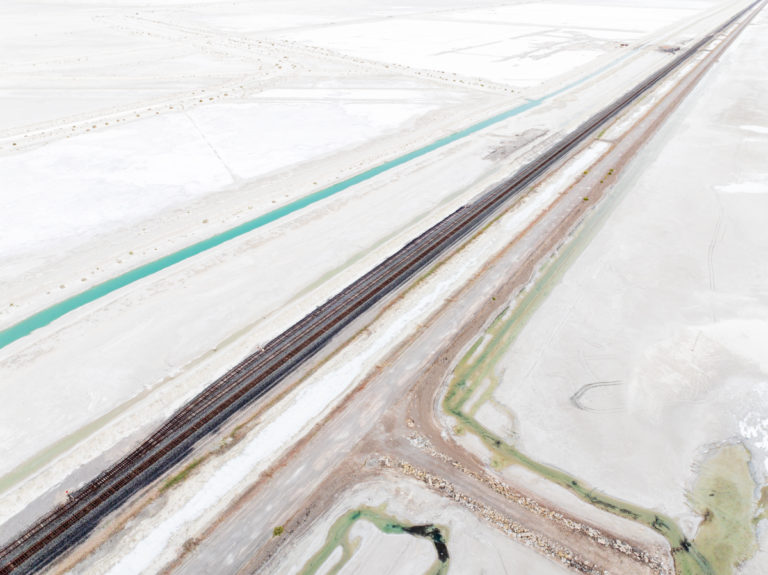 Aerial View of Railroad and Canal Across Salt Flats
