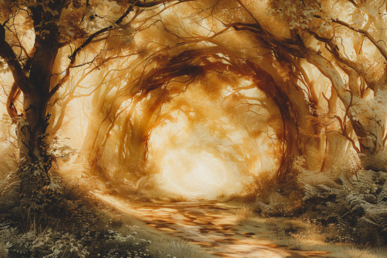 Illuminated Forest Path Leading to an Ethereal Portal