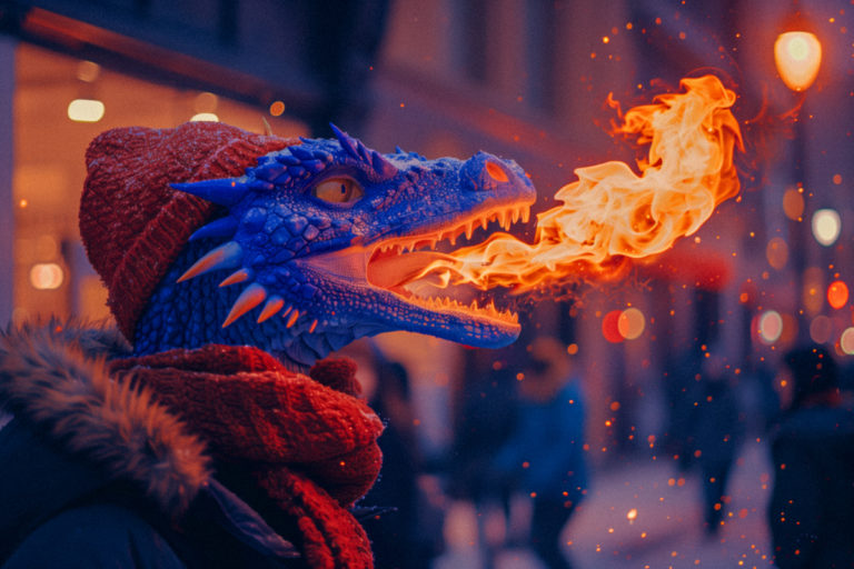 Hipster Dragon Breathing Fire on City Street