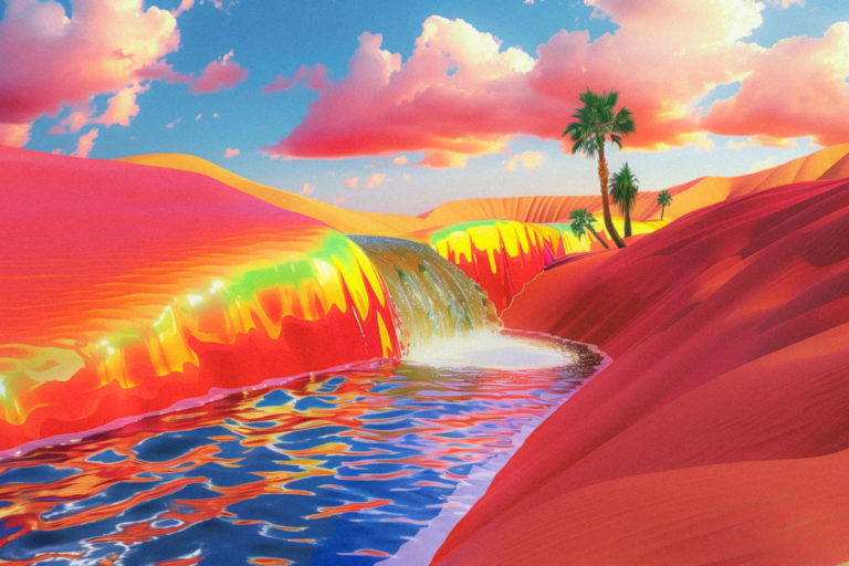 Surreal Desert Mirage with Iridescent Waterfall